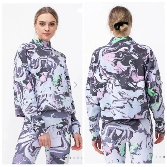DKNY Marble Print Oversize Cropped Pullover Sweatshirt - Picture 1 of 9